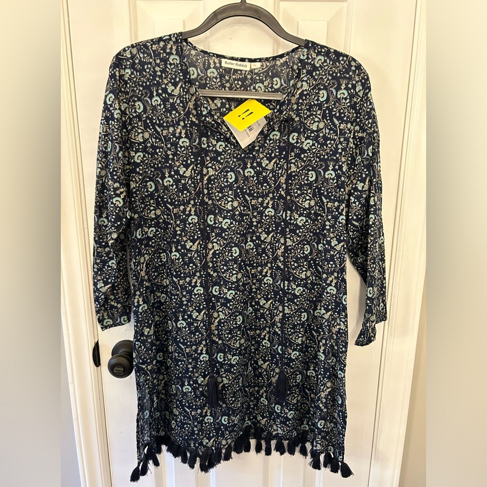 NWT Roller Rabbit Size L Large Garden Forest Kurta With Tassels Blue